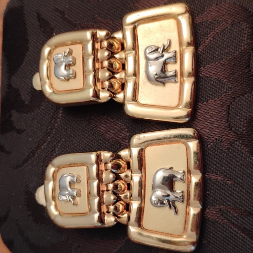Gold Tone Elephant Motif Drop Clip On Earrings Hinged Vintage